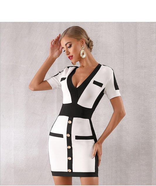 V Short Sleeve Mini Bodycon Club Dress