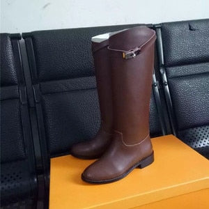 Designer Genuine Leather Long Boots Sexy Woman Motorcycle Booties Belt Strap Metal Shark Lock flat heel Knee High Boots - LiveTrendsX