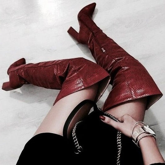 Burgundy Python Thigh High Heel Boots Chunky Heel Boots Side Zipper Pointed Toe Square Heels Long Boots Over The Knee Forked - LiveTrendsX