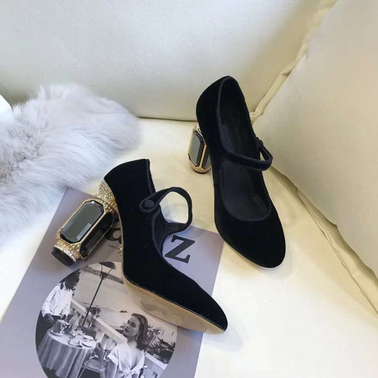 Square Heels Women Pumps Flock T Strap Shoes Women Sexy Point Toe Crown Crystal High Heel Office Pumps Shoes Wedding - LiveTrendsX