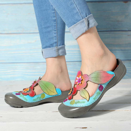 Genuine Leather Retro Splicing Flowers Pattern Stitching Adjustable Hook Loop Sandals Casual Vintage Flat Shoes Women New - LiveTrendsX