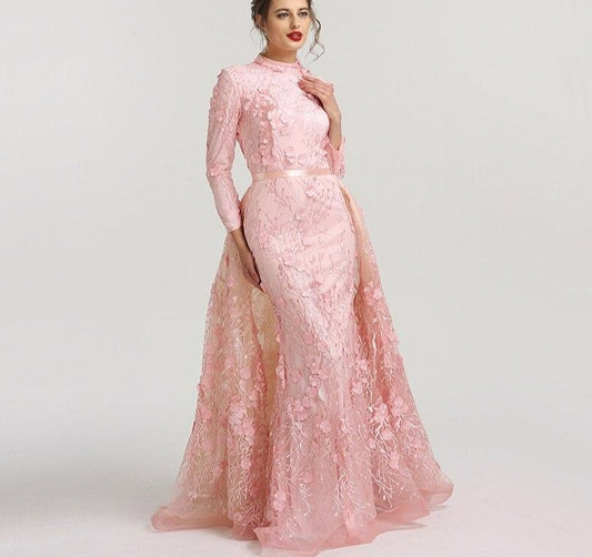 Muslim Romantic Pink Long Sleeves Evening Dresses 2020 High Neck Handmade Flowers Evening Gowns - LiveTrendsX