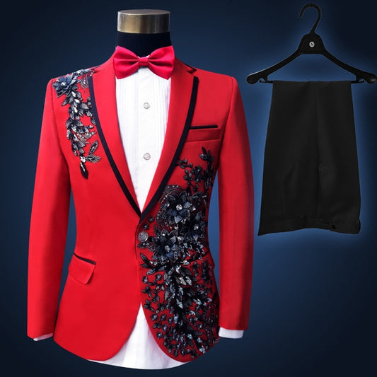 Three Pieces Set Suits Men's Singers Perform Stage Show Sequins Embroidered Flower Red Blue Pink Wedding Suit Costume Homme - LiveTrendsX