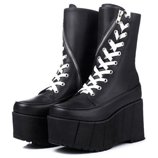 Handmade Genuine Leather Boots Women White Spring Autumn Fashion Zipper Motorcyle Boots Woman Thick Bottom Wedge Shoes - LiveTrendsX