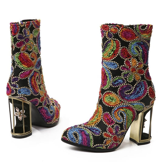 ethnic print flower women's boots mixed color crystal bird cage high heels 10cm high quality female short boots - LiveTrendsX