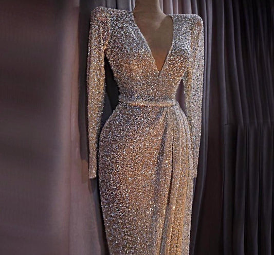 Dubai Luxury Gold Long Sleeves Latest Evening Gown Designs 2020 Beading Sequined Evening Gown - LiveTrendsX