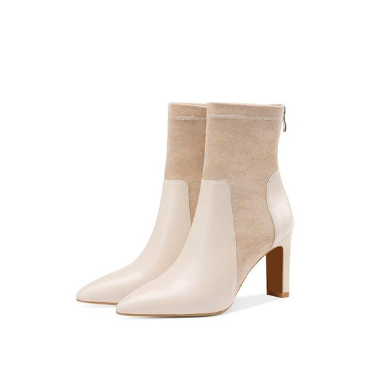 Elegant sexy Flock Cow leather woman Chelsea Booties autumn Winter plush super High heels beige large size women shoes - LiveTrendsX