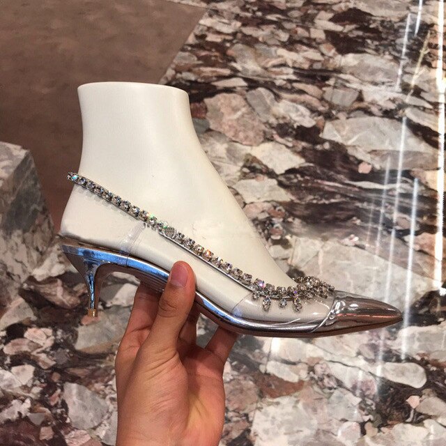 Sexy Bling Bling Crystal Wedding Shoes Bride PVC Rhinestone Patchwork Dress Pumps Pointed Toe Glittering Heels Pumps - LiveTrendsX