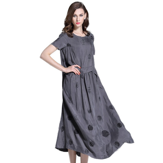 Vintage Summer Short Sleeve Large Sewing Copper Silk Dress Women Grey Black Polka Dot Long Dress Elegant roupas feminina - LiveTrendsX