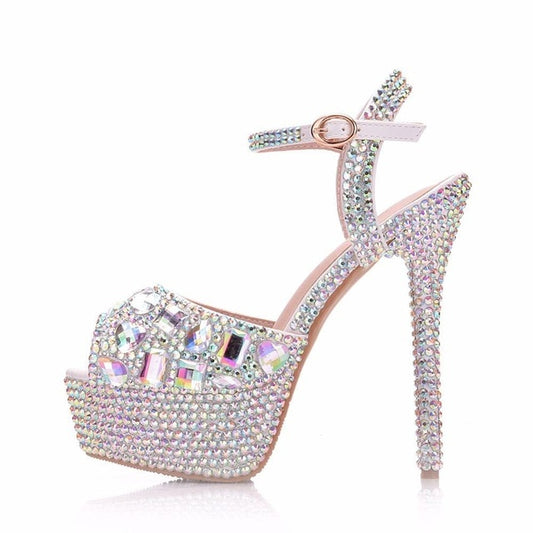 Crystal Queen Diamond Women Super High Heel Wedding Pumps 14cm Peep Shoes Platform 4CM Crystal Wristband Colorful Thin Heels - LiveTrendsX