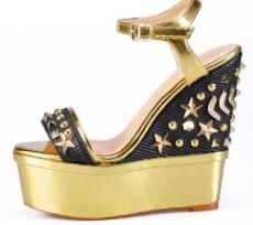 New Women Sandals Shoes Women Wedges Sandals in High Heels Platform Wedges shoes For Women Metal Geometric Denim - LiveTrendsX