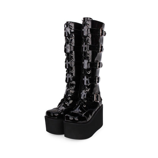Angelic imprint PU Leather Round Toe Punk style Lolita boots Knee Lace Up High Boots Stars Lolita Shoes size 35-46 - LiveTrendsX