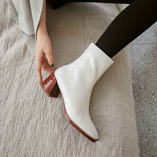 new arrival patent cow leather thick high heels square toe handmade keep warm runway modern show ankle boots - LiveTrendsX