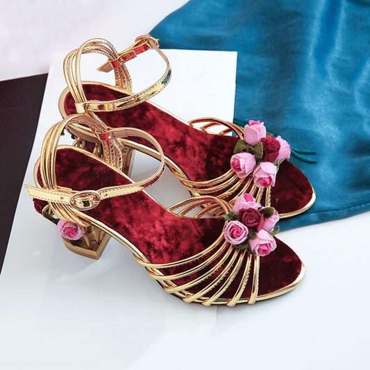 flower golden women sandals 2020 birdcage strange heels ankle strap buckle ladies sandal mixed color woman shoes - LiveTrendsX