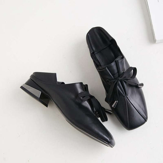 plus size genuine leather low heels lace up classic square toe chunky low heels pumps vintage party casual shoes - LiveTrendsX