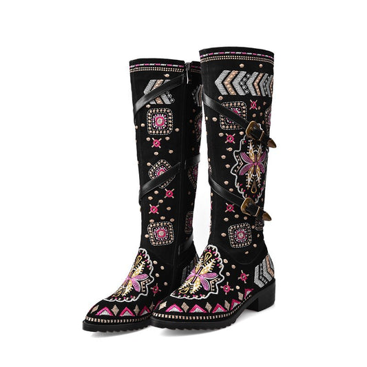Big Size 34-46 New 2020 Winter genuine Cow leather boots women western bohemia women's boots embroidery knee high boots female - LiveTrendsX