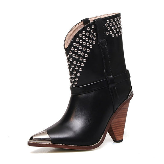 Punk shoes Microfiber leather Boots women metal rivets studded high quality Ankle Boots pointed toe middle heel botas mujer - LiveTrendsX