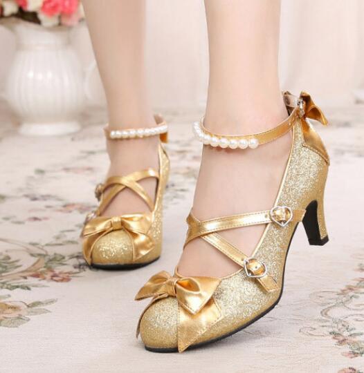 Women's Shiny Silver/Gold Sequin Pumps Criss-Cross Pearl Ankle Strap Princess Lolita Shoes - LiveTrendsX