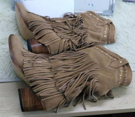 Women Mid-calf Low Heel Bohemia Style Gladiator Motorcycle Boots Fringed Cowboy Boots Shoes Spring Autumn Women Tassel Boots - LiveTrendsX