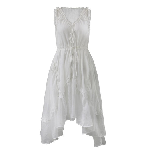 2020 new summer Season Western Style White sleeveless Dress Woman Overknee and square collar drawsrting waist jacket - LiveTrendsX