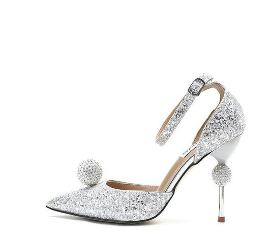 Stiletto Heel Wedding Crystal Pumps Bling Bling Sexy Pointed Toe Strange Style Heel Ankle Strap Crystal Ball Decor Bride Shoes - LiveTrendsX