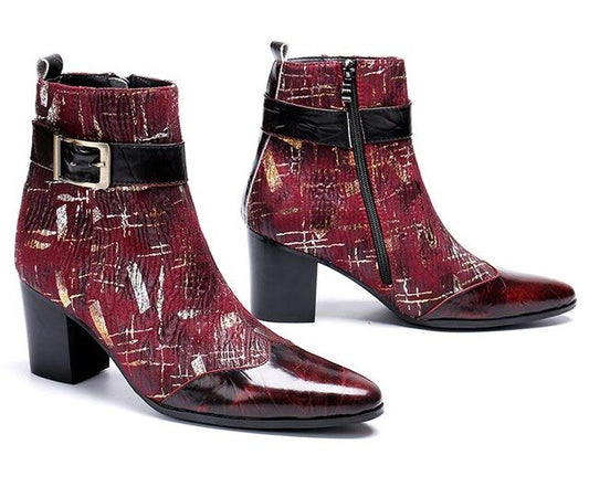 New mens high heels printing leather men boots wedding shoes men fashion buckle designer career work height increase ankle boots - LiveTrendsX