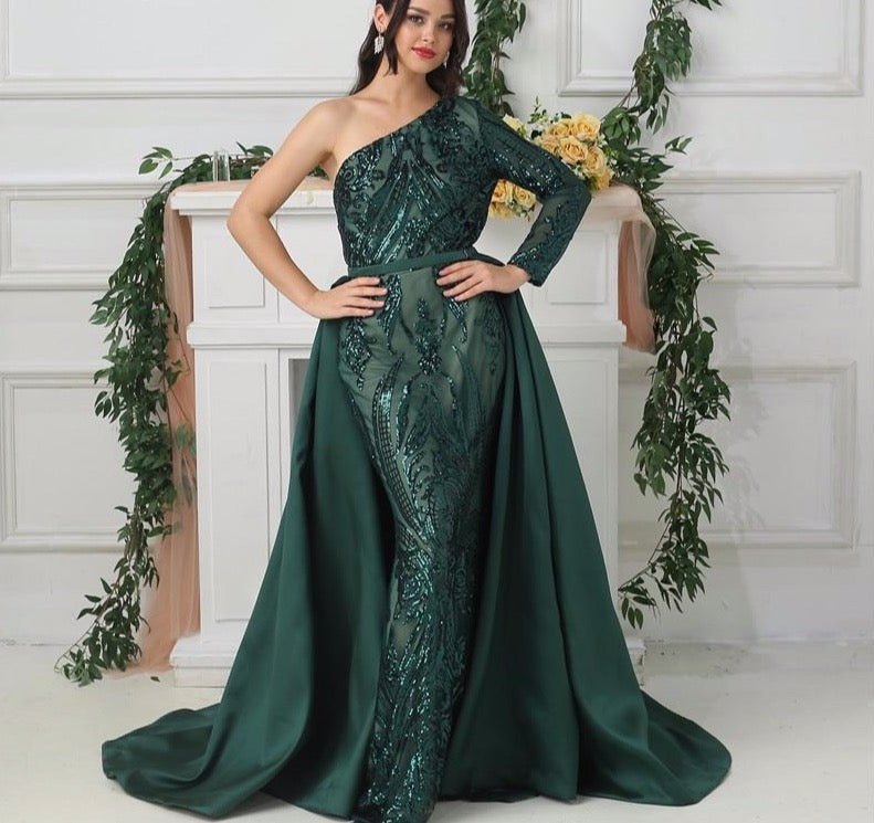 Green One Shoulder Long Sleeves Sequeined Evening Dresses LiveTrendsX Green One Shoulder Long Sleeves Sequeined Evening Dresses LiveTrendsX