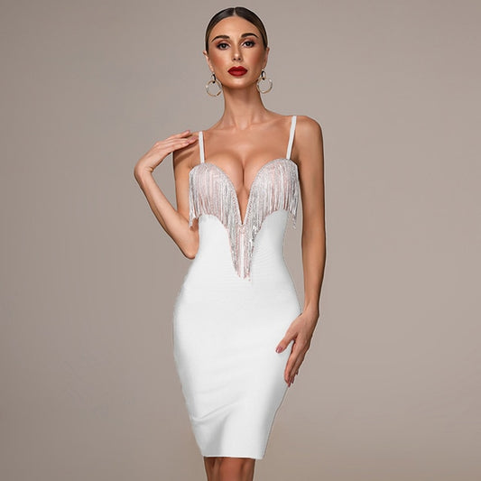 Autumn New Women's Fashion Sexy Bandage Dress Blue White Pink Black Spaghetti V-neck Tassel Party Christmas Dress - LiveTrendsX