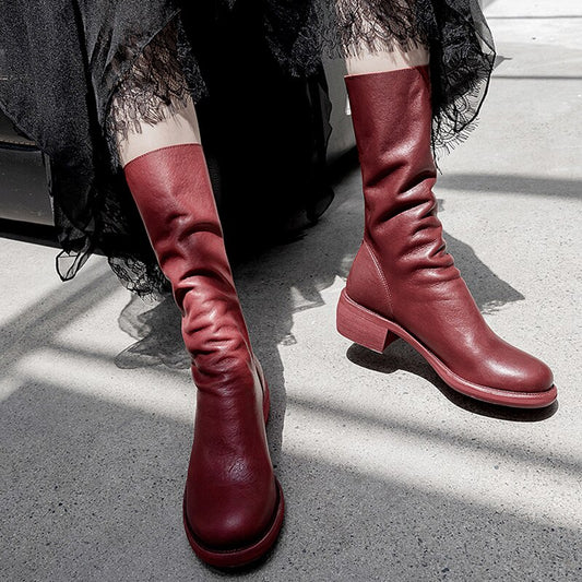Cow Leather Boots Women Mid-Calf Boot Zip Square Toe Shoes Female Casual Thick Heels Shoes Ladies Shoes Autumn 2020 New - LiveTrendsX