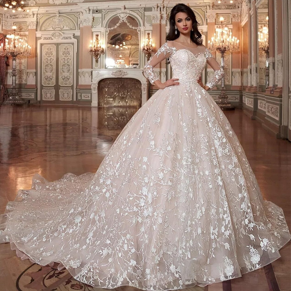 Crystal-Beaded Lace Ball Gown Wedding Dress