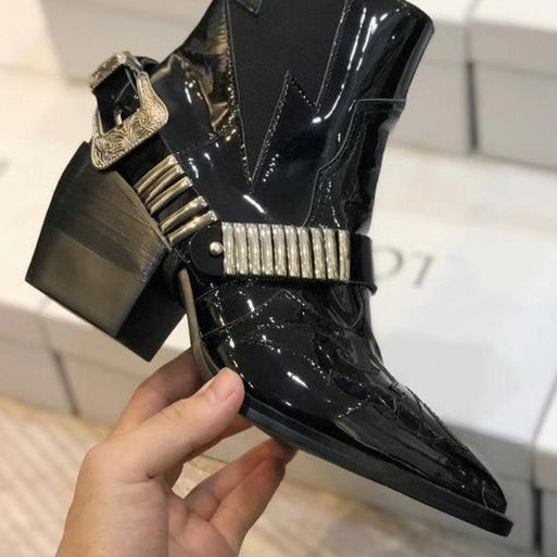 Patent Leather Fretwork Chelsea Boots Metal Chain Buckle Strap Ankle Boots Women Black Pointed Toe Winter Fashion Shoes - LiveTrendsX