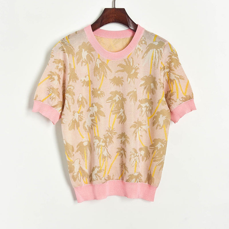 Boho Summer fashion vintage chic women coconut tree Jacquard short sleeve t-shirt ladies tops Viscose knit Tee shirt - LiveTrendsX