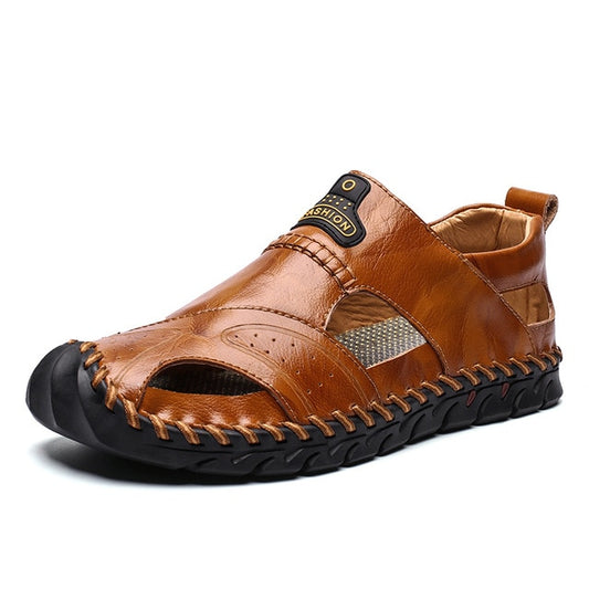 Classic Black Soft Men Shoes Covered Toes Summer Beach Sandals Leather Flat Big Size Sandals Men Breathable Non Slip Fashion - LiveTrendsX