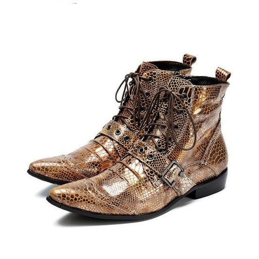 Fashion Snake Pattern Gold Men Genuine Leather Boots Pointed Toe Men Ankle Boots Luxury Lace Up Motorcycle Boots - LiveTrendsX
