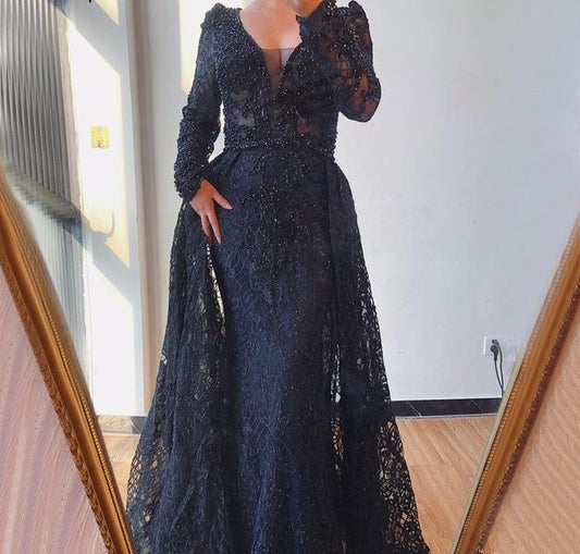 Dubai Blue Luxury Long Sleeves Evening Dresses 2020 V-Neck Handmade Flowers Crystal Sexy Evening Gowns Plus Size - LiveTrendsX