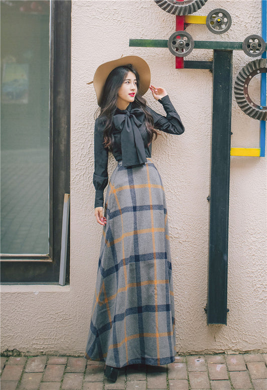 Autumn Winter Bow Neck Full Sleeve Blouse Shirt Top and Woolen Plaid Skirt Two-piece Outfits Set Suit Women Dresses - LiveTrendsX