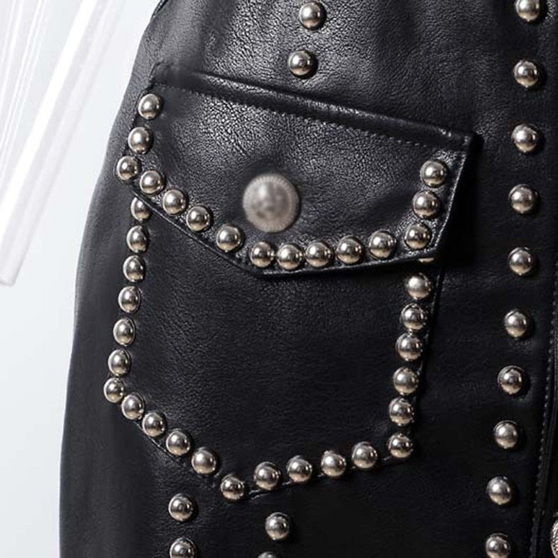 Heavy Rivets PU Leather Punk High Waist Single Breasted Mini Skirt