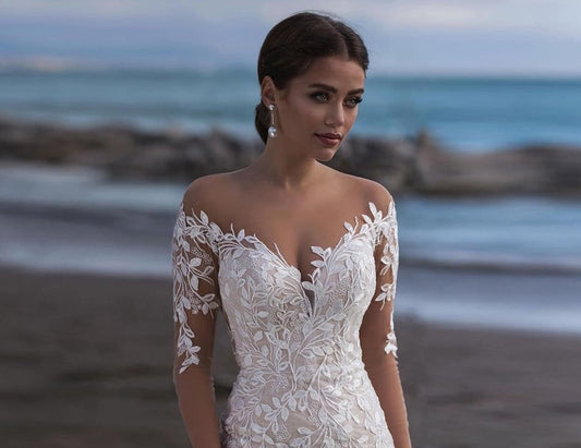 Long Sleeve Mermaid Wedding Dress Elegant 2020 Vestido De Novia Sirena See Through Buttons Up Back Appliques Lace Trumpet Gowns - LiveTrendsX