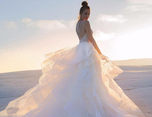 Princess Wedding Dresses A-line With Ruffles Skirt Bruidsjurken Shoulder Straps Sexy Backless Sparkly Pearls Crystal Gowns - LiveTrendsX