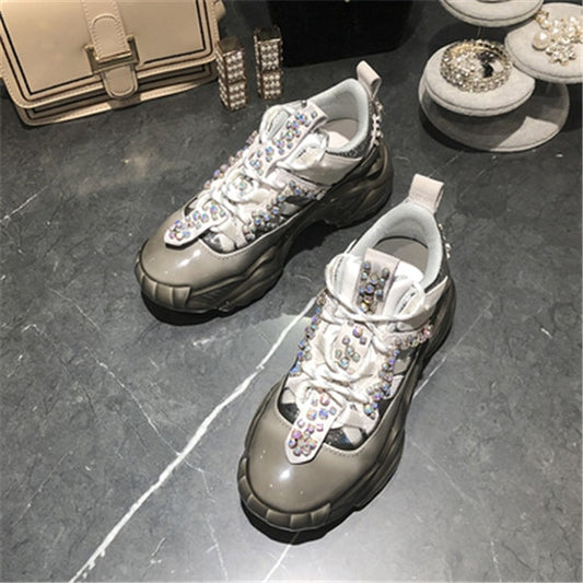 Rhinestone Splice Genuine Leather Sneakers Women and Couples Round Toe Dad Shoes Woman Comfortable Street Shoes - LiveTrendsX