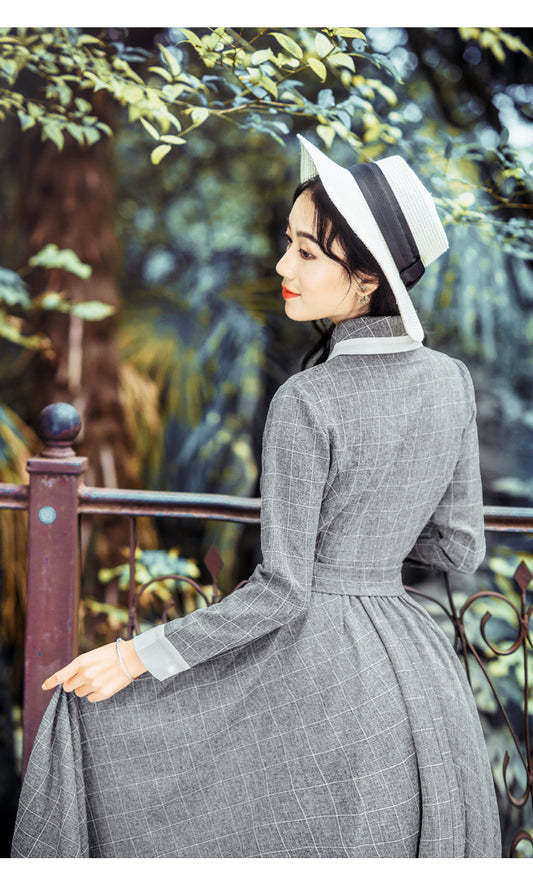 Autumn Winter Maxi Vintage Plaid Long Women Dress Woolen Gray Shirt Dresses Female Vestidos Evening Party Costumes - LiveTrendsX