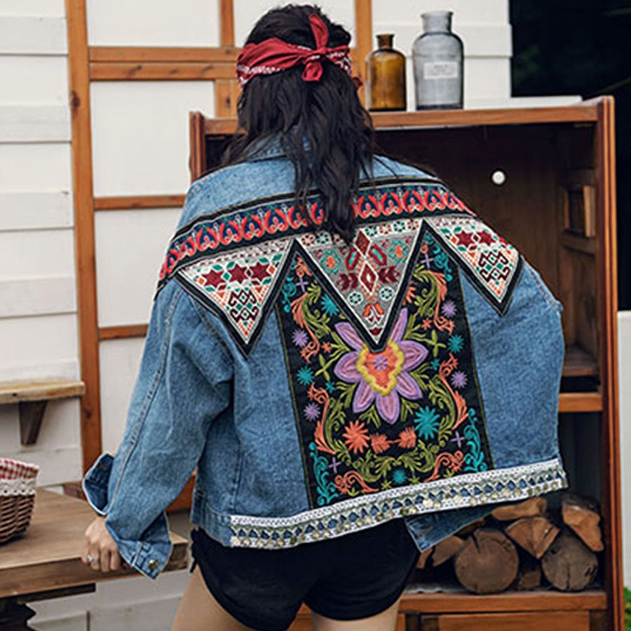 Boho Denim Jacket For Women Autumn Floral Appliques Embroidery Vintage Coat Long Sleeve Outerwear Female Jacket Coatee - LiveTrendsX