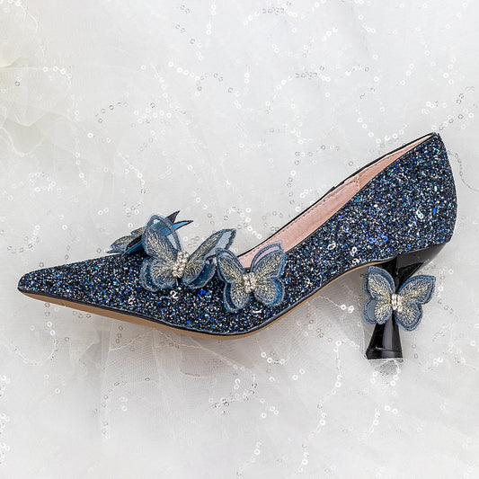 Party Shoes Heavy Blue Sequins Shoes Pointed Toe 6cm High Heels custom kids hats Butterfly Princess Lady Pumps - LiveTrendsX