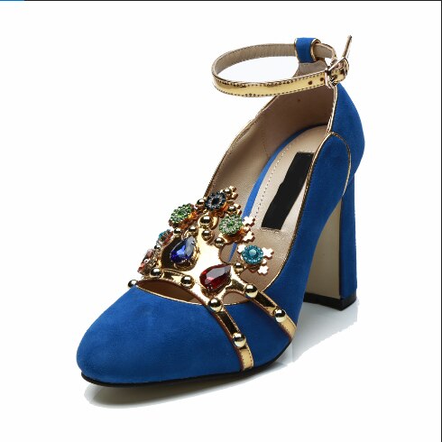 Silla Rulers Handmade high-end customization genuine leather blue kid suede shallow gemstone high heel shoes woman party shoes - LiveTrendsX