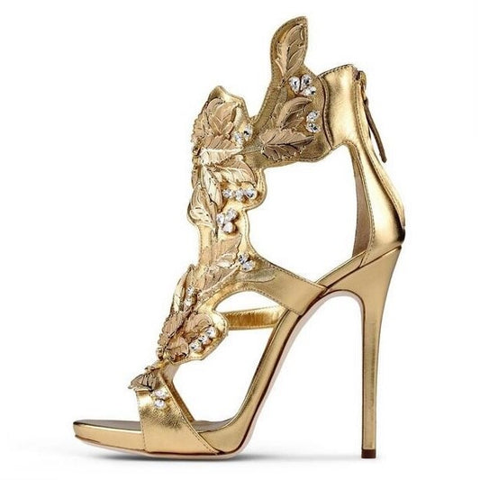 Gold Metallic Leaf Decor High Heel Sandals For Women Peep Toe Crystal Dress Shoes Black Suede Stiletto Heels Pumps Real Photo - LiveTrendsX