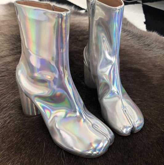 Tabi Split-toe Women Boots cream-colored Leather Buckle Chunky Block Heels Booties Botas Feminina Shoes Woman - LiveTrendsX