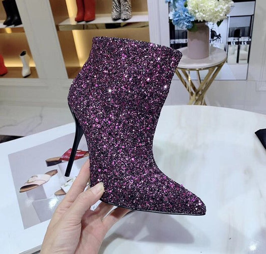 Violet Bling Bling Glittery Ankle Boots Elegant Pointed Toe Stiletto High Heel Sequined Dress Shoes Women - LiveTrendsX