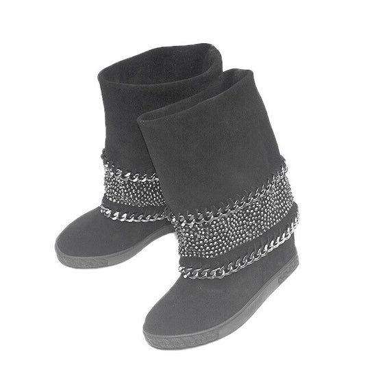 Botines mujer suede leather platform shoes metal decoration ankle boots height increasing chain wedges snow boots woman botas - LiveTrendsX