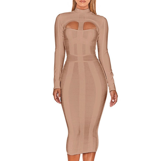 Women White Bandage Dress Bodycon 2020 New Arrivals Sexy Cut Out High Neck Long Sleeve Party Rayon Bandage Midi Dress - LiveTrendsX