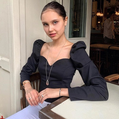 solid color vintage small V-neck Slim blouse - LiveTrendsX